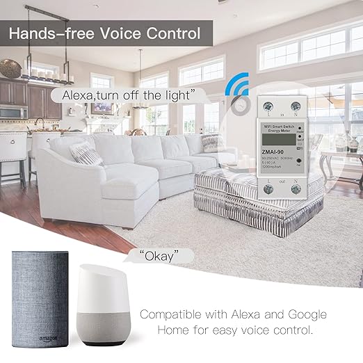 WiFi Smart Energy Monitor Switch Meter, Compatible with Alexa Google Home, Remote Control with Smart Life/Tuya App, Din Rail Tester Current Voltage Amperage Power Meter AC 110-230V 60A Multimeter