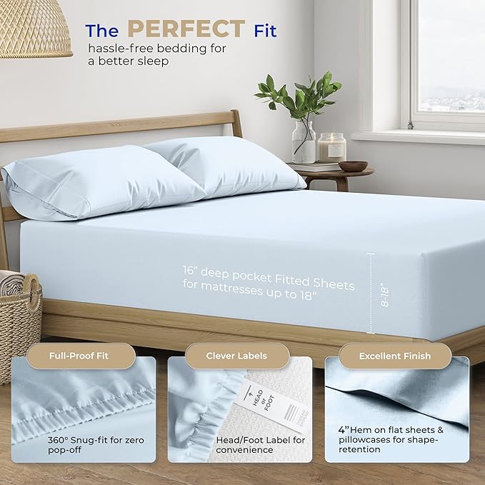 THREAD SPREAD 2-Pack Full Size Sheet Sets - 400 Thread Count 100% Cotton Sateen Weave - Extra Soft, Breathable, Hotel Quality Cooling Sheets, 2 Sets of Full Size Deep Pocket Bed Sheets (Light Blue)
