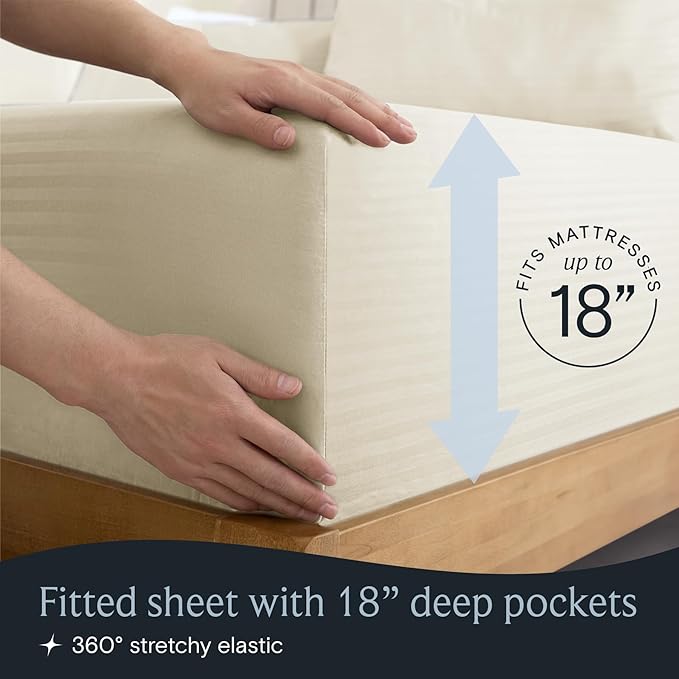LuxClub 4 PC Full Sheet Set, Deep Pockets Wrinkle Free Cooling Bed Sheets Hotel Bedding for Women, Men, Includes 1 Fitted Sheet, 1 Flat Sheet and 2 Pillowcases-Striped - Cream