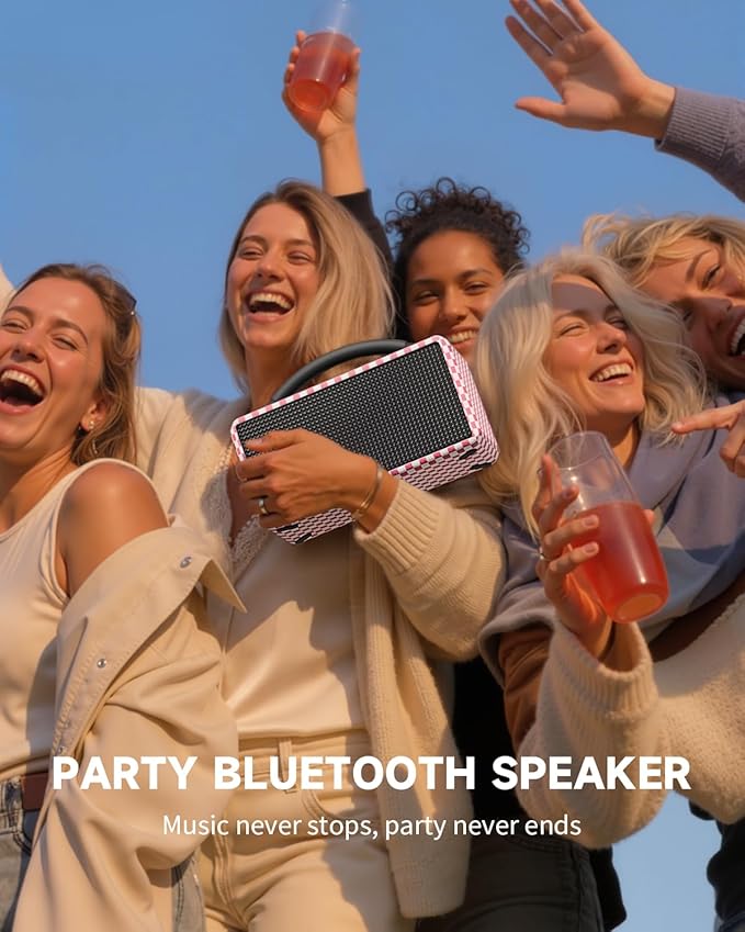 DINDIN Portable Bluetooth Speaker： 80W (Peak), 20H Playtime, Wireless Big Wood Boombox with Deep Bass, Subwoofer, TWS, Large, Loud Speaker for Party, Outdoor, Backyard, Beach, Home,Gift（Pink+White）
