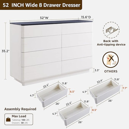 ACCOHOHO 8 Drawer Dresser for Bedroom, 52 Inch Wide Modern Chest of Drawers, Push-to-Open Wood Storgae Organizer with Large Drawers for Bedroom, Living Room, Hallway, Off White
