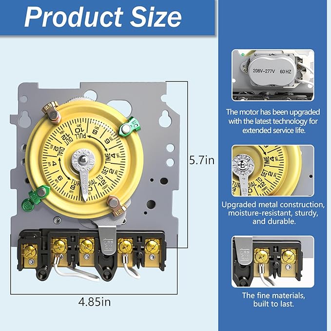 T104M Pool Timer Mechanism Only, Pool Pump Timer, 208-277V 40A Time Switch, 24 Hour 12 ON/Off for Pool Pump, Heavy-Duty Mechanical Time Switches,Time Switch Mechanism Only, 5 Years Warranty