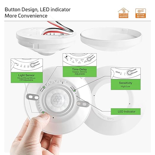 RAYZEEK 360 Degree Ceiling Mount Occupancy Sensor Switch, 5A,120V, High Sensitive Ceiling Motion Sensor,1600 Sq Ft Coverage, Commercial or Residential Automatic Sensing Solution,Neutral Wire Required