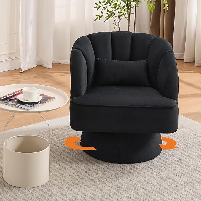 GarveeHome Modern Swivel Barrel Accent Chair, 360 Degree Velvet Upholstered Armchair with Striped Backrest & Plush Padding, Comfy Round Lounge Chair for Living Room, Bedroom, Reading Nook, Black 2 PCS
