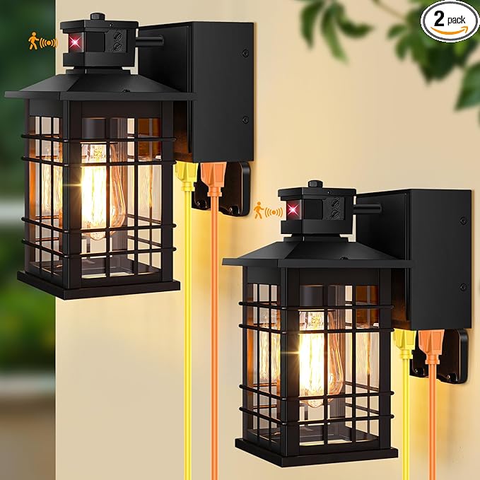 2-Pack Porch Lights with GFCI Outlet, Motion Sensor Dusk to Dawn Waterproof Outdoor Wall Lights, 3 Lighting Modes Black Exterior Light Fixtures for Front Door, Outside Wall Lanterns for House Garage