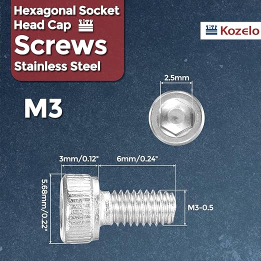 Kozelo 100pcs Socket Head Cap Screws - [M3-0.5 x 6mm] 304 Stainless Steel Allen Socket Drive for Electrical Motor 3D Printing Fan Engine Replacement Use, Silver