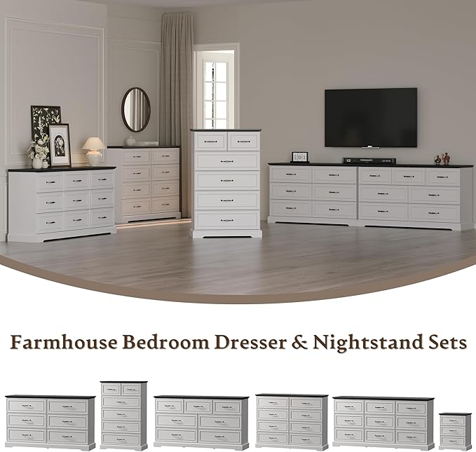 Farmhouse 8 Drawers Dresser for Bedroom, 54" Wide Modern Chest of Drawers with Deep Drawers & Bar Handles, Rustic Wood Dresser TV Stand, Wooden Closet Storage Organizer for Living Room, Hallway, White