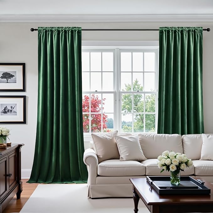 AUSSPVOCT Velvet Curtains 90 Inches Long 2 Panels for Bedroom, Thermal Insulated Room Darkening Luxury Soft Blackout Curtain Back Tab Rod Pocket Window Drapes for Living Room, W52 x L90, Dark Green