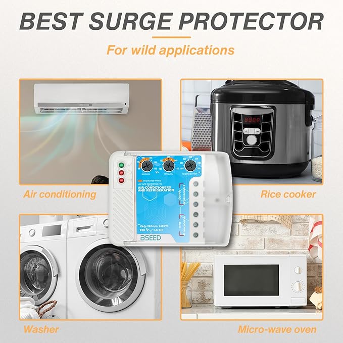 BSEED Surge Protector Outlet for Refrigerator, Wiring Heavy Duty Power Surge Protector Voltage Regulator for TV, Computer and Home Appliances, Adjustable, 120V, 30A, 3600W, 2 Pack