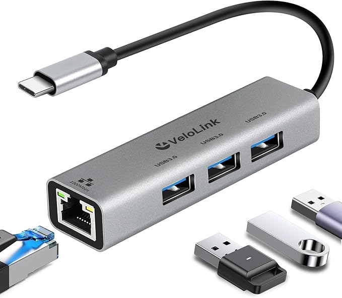 Velolink 4-in-1 USB 3.0 Hub with Gigabit Ethernet Adapter for Laptop, PC, MacBook Pro (RJ45 TYPEC HUB 01)