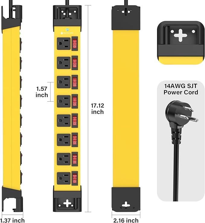 Power Strip with Individual Switches - 8 Outlet Heavy Duty Power Strip with Cord Manager,1200J Surge Protector Home Office Garage Industrial Workbench