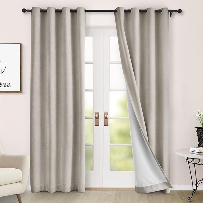 Macochico 100% Blackout Chenille Curtains 96 Inches Long for Hotel Nursery Noise Reducing Thermal Curtains for Bedroom Living Room Grommet Beige Taupe Curtains with Tieback 52" Wx96 L Classic 1 Panel