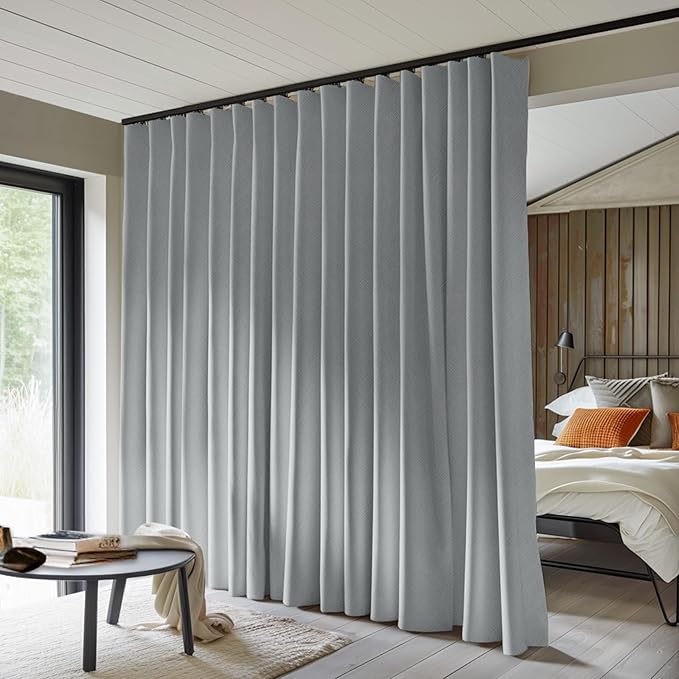 Room Divider Curtains Total Blackout Privacy Curtain Panel Room Thermal Insulated Noise Reduction Curtains for Bedroom Window Living Room Ceiling Track Curtain W 15 ft × H 7 ft Grey