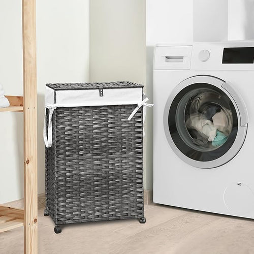 70L Slim Laundry Hamper with Lid & Wheels, 2-Park Rolling Laundry Basket with 4 Removable Liner Bags & 3 Mesh Bags, Narrow Dirty Clothes Basket, Foldable Handwoven Rattan Laundry Sorter, Grey