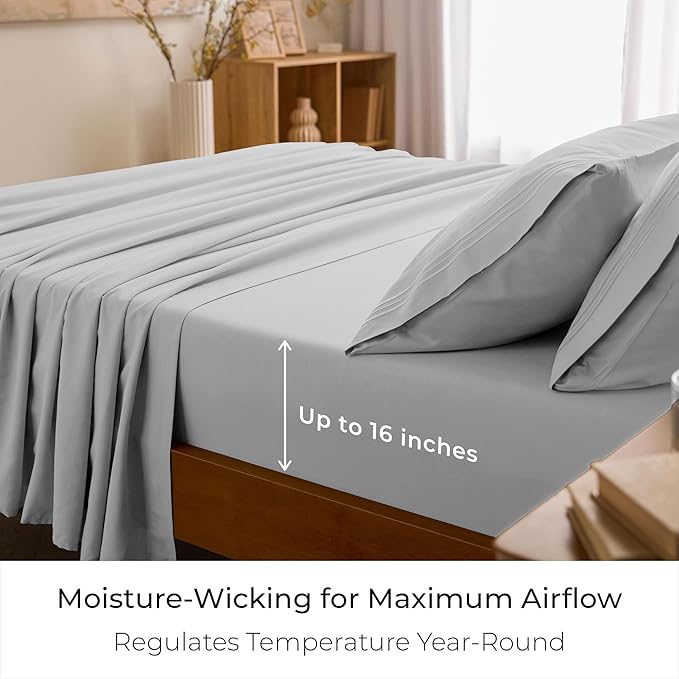 Mellanni King Sheet Set - 6-Piece Iconic Collection Bedding, (Including 4 Pillowcases), 16-Inch Deep Pocket, Easy Care, Extra Soft, Cooling Sheets, Brushed Microfiber - Light Gray