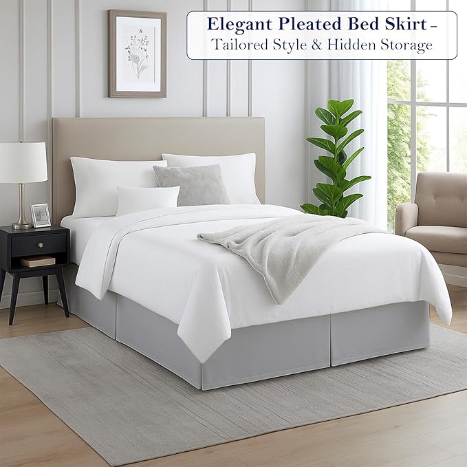 King Bed Skirt, Luxury 15 Inch Drop Light Grey Pleated Bed Skirt, Double Brushed Microfiber, Box Pleat Design, Wrinkle & Fade Resistant, Easy Fit Tailored Bedskirt for King Size Beds