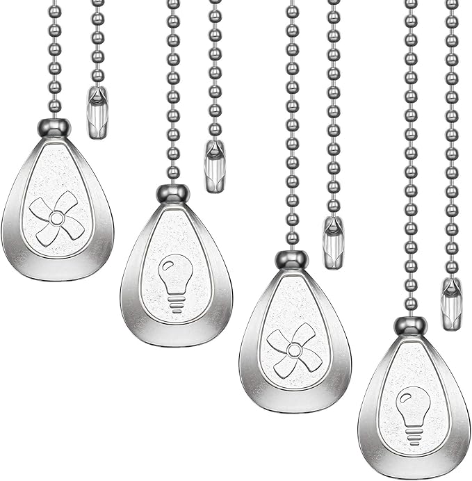 Patelai 4 Pieces Ceiling Fan Pull Chain Extender Ornament 12 Inch Ceiling Pull Chain Extension Classic Drop Shaped Pendant Beaded Ball Cord for Fan light lamp decorative with Connector(Silver)