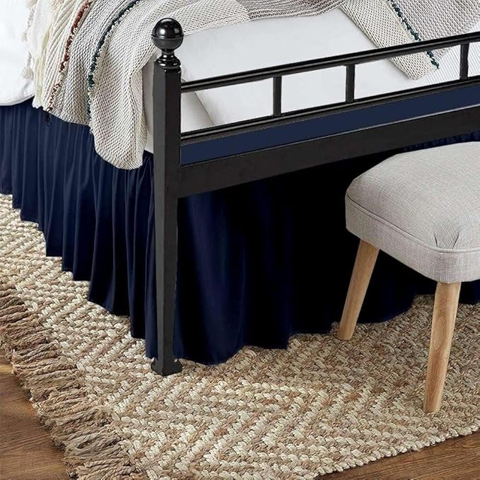 Navy Blue Solid Ruffled Bed Skirt Twin XL-22 Inch Drop Split Corner, Microfiber Bedskirt with Platform Three Sided Coverage