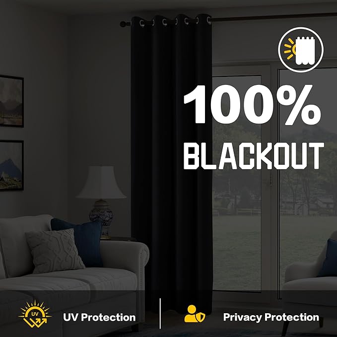 Black 3-in-1 Heavy Soundproof Curtains 100% Blackout Window Drapes Grommet Doorway Curtains Heat Insulating Winter Curtains for Bedroom Living Room (1 Panel, Black, 50" x 96")