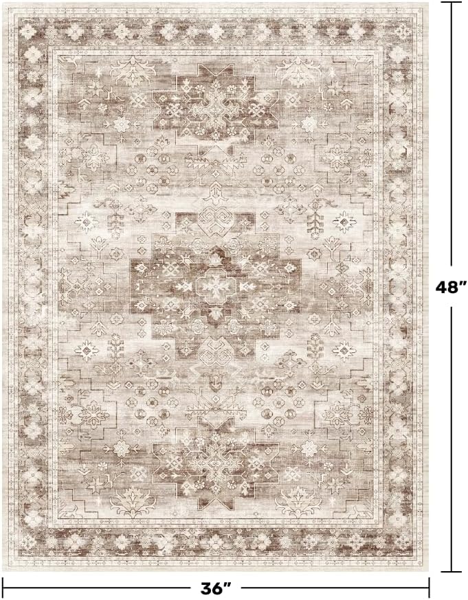 Washable Neutral Farmhouse Large Entryway Rug, 3x4 Area Rugs for Kitchen, Bedroom, Nursery Room, Boho Vintage Floral Non-Slip Throw Rug Low Pile Stain Resistant (3x4 Beige/Latte) - Image 2