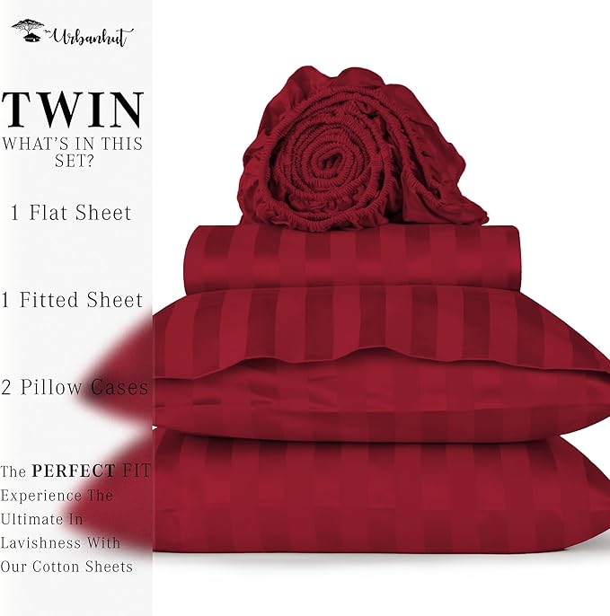 URBANHUT 800 Thread Count 100% Cotton Damask Twin Size Sheets, 4 Piece Striped Twin Size Bedsheets, Luxury Hotel Sheets Sateen Weave - Better Than Egyptian, 14" Elasticized Deep Pocket- Burgundy