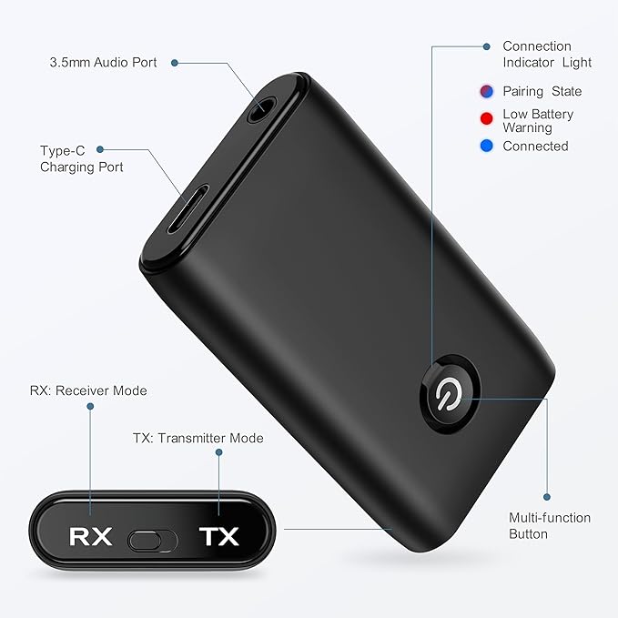 Ankilo Aux Bluetooth Adapter for Car, Upgraded Bluetooth 5.3 Transmitter Receiver, Portable Wireless Adapter, 2-in-1 Aux Audio Receiver for Laptop, Radio, Headphones, Speakers, TV