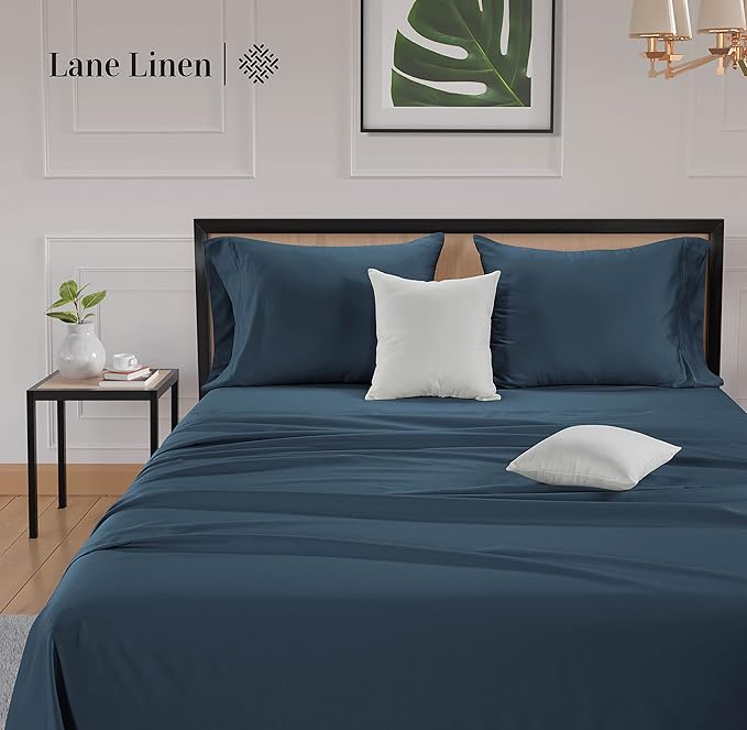 LANE LINEN King Bed Sheets – 600 Thread Count Long-Staple 100% Cotton King Size Bed Sheets, Hotel Luxury Soft Silky Sateen Weave, Durable for Daily Use, Fully Elasticized 15" Deep Pocket – Denim