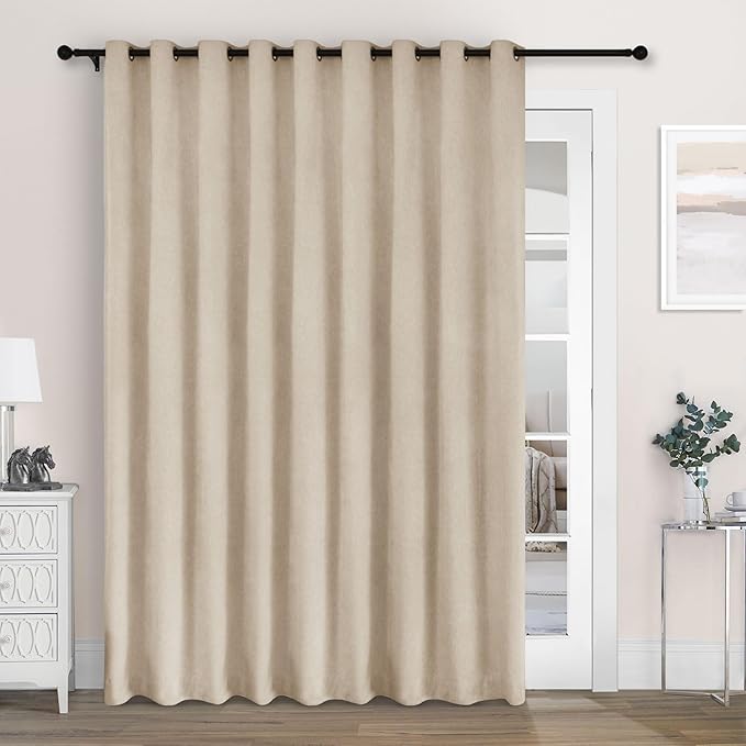 Macochico 100% Blackout Chenille Curtains for Sliding Door Thermal Insulated Noise Reducing Drapery for Living Room Bedroom Hotel, Grommet Curtains with Tieback, Taupe, 120" Wx96 L 1 Panel