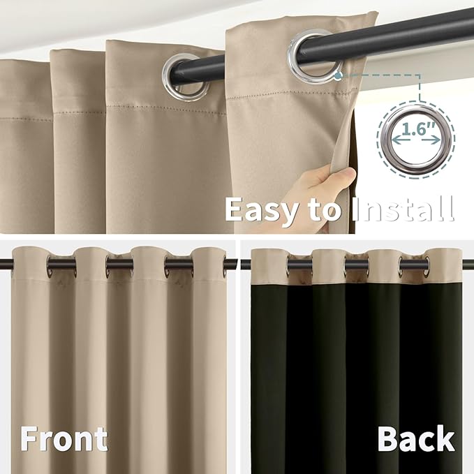 BGment Thermal Insulated 100% Blackout Curtains for Bedroom with Black Liner, Double Layer Full Room Darkening Noise Reducing Grommet Curtain (42 x 63 Inch, Sand, 2 Panels)
