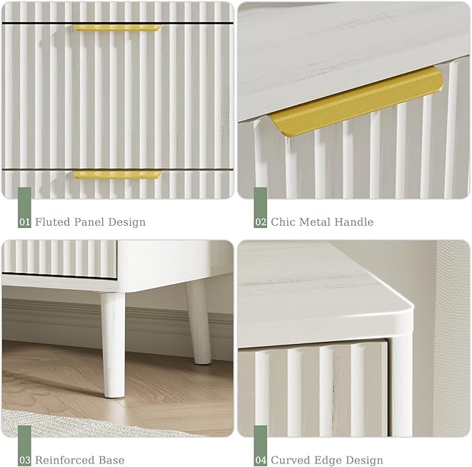 LYNSOM Fluted Dresser and Nightstand Sets 3 Piece, 7-Drawers Dresser and 1-Drawer Nightstands Set of 2, Wood Bedroom Furniture Set for Home, Bedroom, Hallway, White