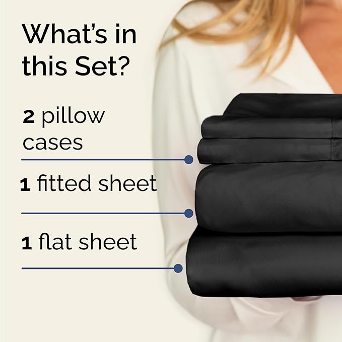 Twin 4 Piece Sheet Set - Cooling, Comfy & Breathable - Hotel Luxury Bedding, Includes Fitted Sheet for Women, Men, Kids and Teens - 1 Flat, 1 Fitted Sheet, 2 Pillowcases with Deep Pockets - Black