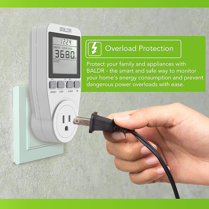 BALDR U.S. Electricity Usage Monitor for Home - Appliances Kilowatt Meter Sockets - Wattage Meter Plug In to Measure Energy Usage - Home Energy Monitor with Easy to Read Display - Single Tariff