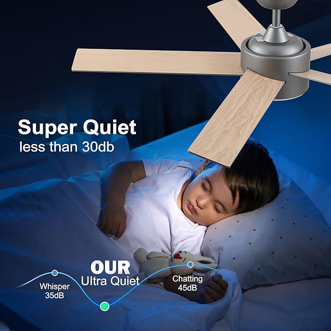 POCHFAN 52 inch Ceiling Fans with Lights and Remote Control Silver, Modern Ceiling Fan Dimmable 3 CCT Temperatures 6-Speed, Quiet LED Ceiling Fan for Bedroom, Living Room