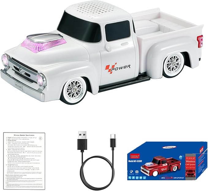 WSTER WS-538 Retro Pickup Truck Bluetooth Replica Speaker – Portable Wireless Car Model Speaker with FM, TWS, LED Party Lights, USB/TF Playback, Built-in Microphone, Type-C, Surprise Gift(White)