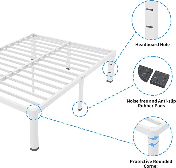 ROIL 14 Inch White Twin XL Bed Frame with Rounded Corner and Headboard Hole Mattress Retainers, 3500LBS Heavy Duty Steel Slats No Box Spring Needed Platform Noise-Free Easy Assembly