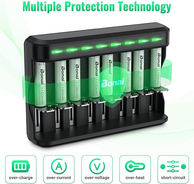 BONAI AAA Rechargeable Batteries, 8 Pack 1100mAh NiMH Batteries with Smart Universal Battery Charger