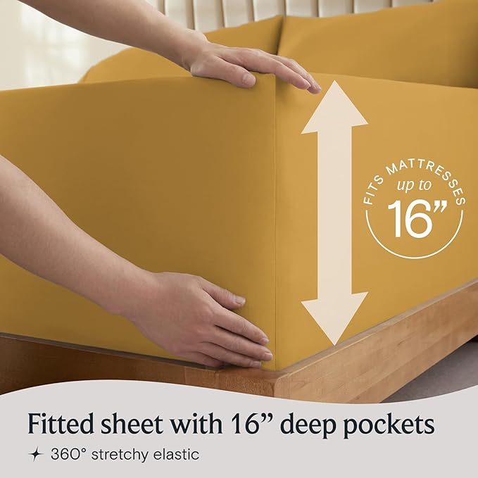 LuxClub 4 PC King Sheet Set, Deep Pockets Wrinkle Free Cooling Bed Sheets Hotel Bedding for Women, Men, Includes 1 Fitted Sheet, 1 Flat Sheet and 2 Pillowcases-Silky Soft Medallion Gold