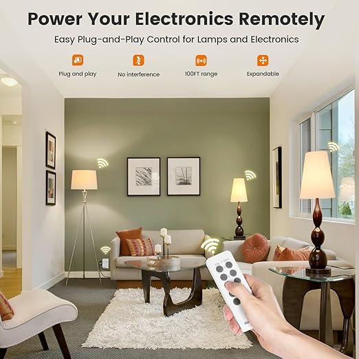 SURAIELEC Remote Control Outlet, Wireless Remote Light Switch, 100 FT, 15A/1875W, Expandable Indoor Compact Side Outlet Plug for Lamps, Fans, Christmas Trees, Small Appliances, 5 Outlets + 2 Remotes