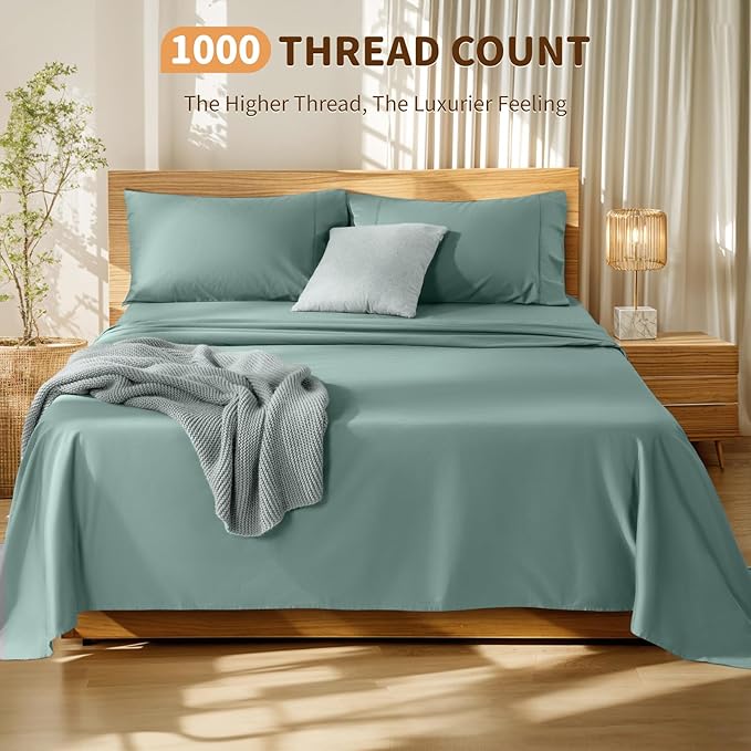LBRO2M 100% Cotton Sheets Set Deep Pocket 19", 1000 Thread Count Full Size 4 Piece Bed Sheet Sets Soft Comfortable Bedding All Season (Full, Sage Green)