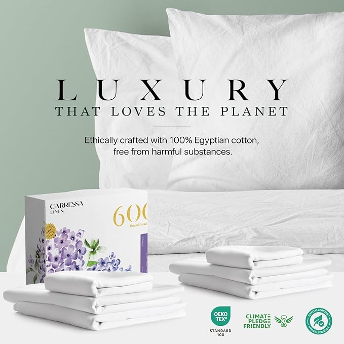 Carressa Linen 100% Egyptian Cotton King Size Sheets Set - 600 Thread Count Egyptian Cotton Queen Sheets King Size (4 PC, Crisp White), Soft, Cooling, 16" Deep Pocket Sateen Weave Luxury Bed Sheet