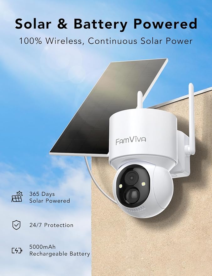 FAMVIVA 2K Solar Security Cameras Wireless Outdoor, 360°PTZ Battery Powered Cameras for Home Security, 2.4G WiFi Outdoor Camera with Color Night Vision, IP66 Waterproof, Motion Sensor Alarm, White