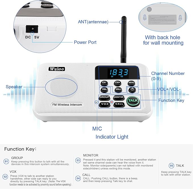 Wuloo Intercoms Wireless for Home 1 Mile Range 22 Channel 100 Digital Code Display Screen, Wireless Intercom System for Home House Business Office, Room to Room Intercom Communication (6 Packs, White)