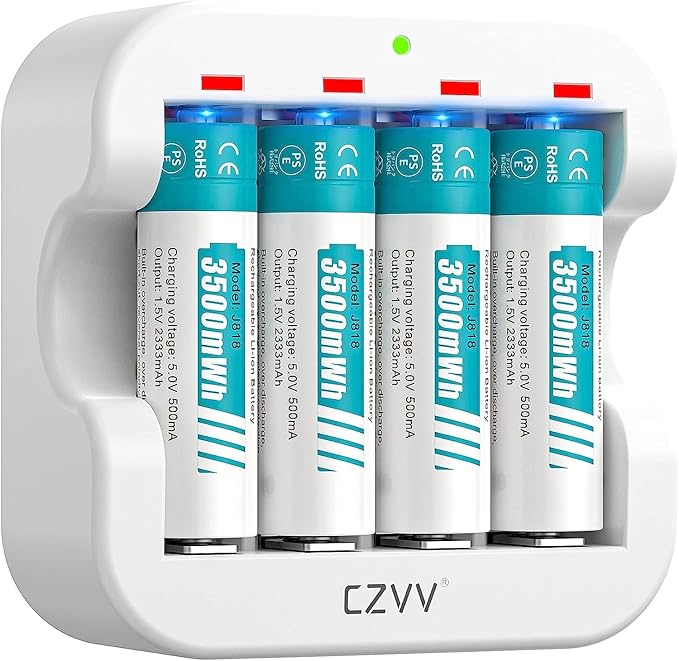 CZVV Rechargeable AA Lithium 1.5V Batteries 4-Pack, 3500mWh Full-Recharged Long-Lasting 2333mAh High-Capacity Dual A with Fast Charger Combo for Outdoor Security Blink Cameras, Cycle Times up to 1300x
