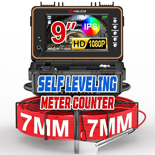 HBUDS Sewer Camera 100ft, Self Leveling Drain Camera with Meter Counter, 7mm Thick Cable, 9" HD Screen 1080P Plumbing Cameras Snake with Light, 5100mAh Battery Duct Pipe Video Inspection Cam DVR 32GB