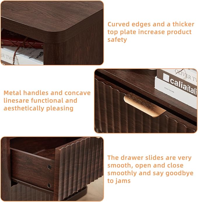 LEYAOYAO Fluted Nightstand with Charging Station, 23" Wide 2 Drawers Night Stand,Walnut End Table with Open Storage,Farmhouse Bed Side Tables, Wood Dresser for Bedroom, Living Room, Closet