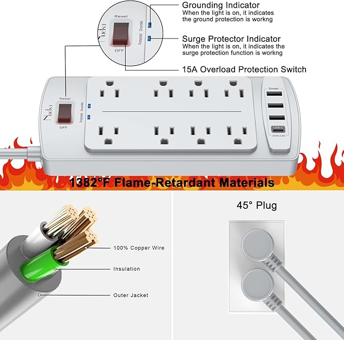 Surge Protector Power Strip - Nuetsa Flat Plug Extension Cord with 8 Outlets and 4 USB Ports, 6 Feet Power Cord (1625W/13A), 2700 Joules, ETL Listed, Grey