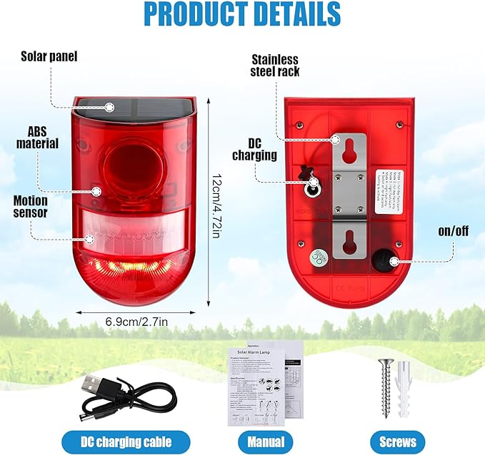 Qualirey 8 Pack Solar Sound and Light Alarm Motion Sensor 129db Outdoor Security Siren Waterproof Motion Activated Detector Alarm 6 LEDs Flash Warning Strobe System for Home, Farm (Red)