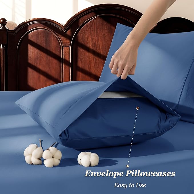 LBRO2M 1000 Thread Count 100% Cotton Sheets Set,Full Size Bed Sheet 4 Piece Sets,Long Staple,16 Inches Deep Pocket,All Season,Bedding Super Soft Comforterble Breathable,Sateen(Navy Blue)