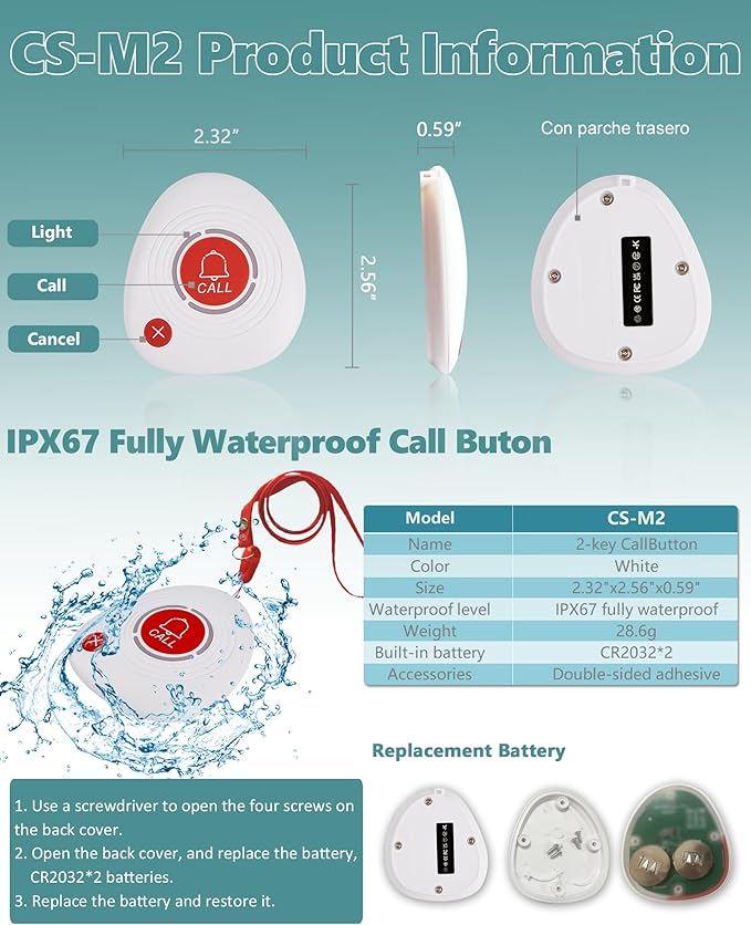 WNKRUN Wireless Caregiver Pager Nursing Calling System Elderly Alarm with 1 Display Receiver and 10 Waterproof 2 Key Call Buttons for Nursing Home Clinic (10 M2 Call Buttons)