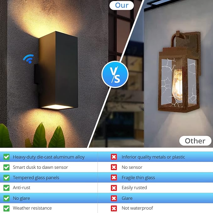wowlite Outdoor Wall Light with Dusk to Dawn Sensor, 2700K Warm Light LED Up Down Sconce, Waterproof 13" Modern Square Matte Black Exterior Light Fixture Wall Mount for Porch Patio Garage, ETL Listed